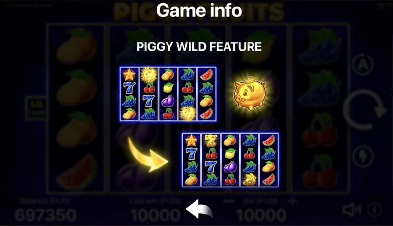 Piggy Fruits – Spielbildschirm mit 5x4-Raster und Fruchtsymbolen